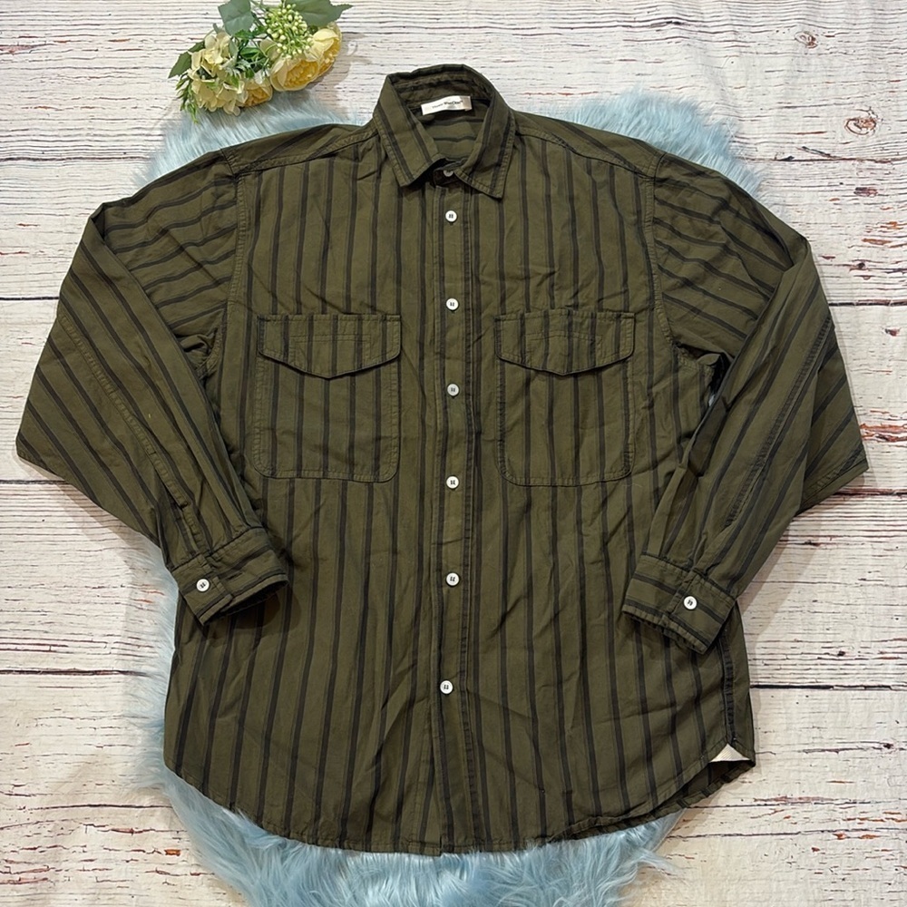 There Was One Green Black Stripe Button Down Top sz 44